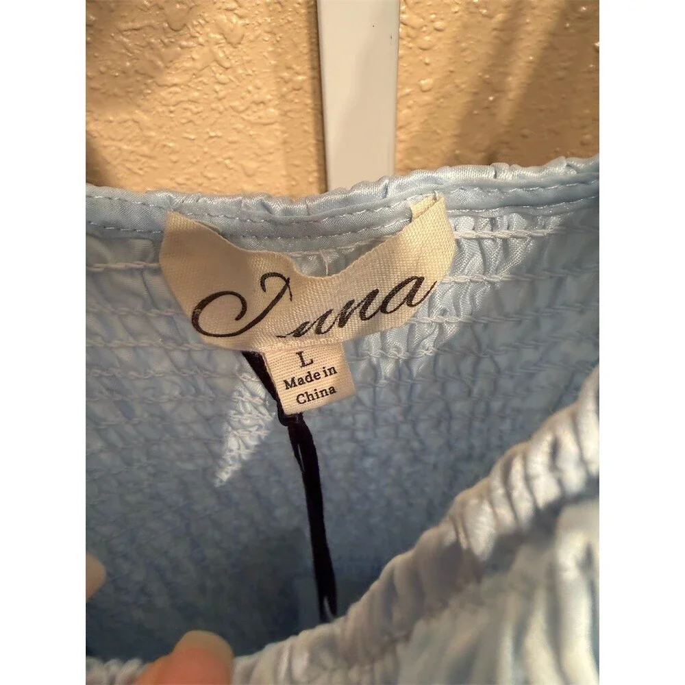 J.nna NWT Dress Womens Size L Light Blue Smocked Tie Strap Ruffle Hem Mini - Picture 5 of 7